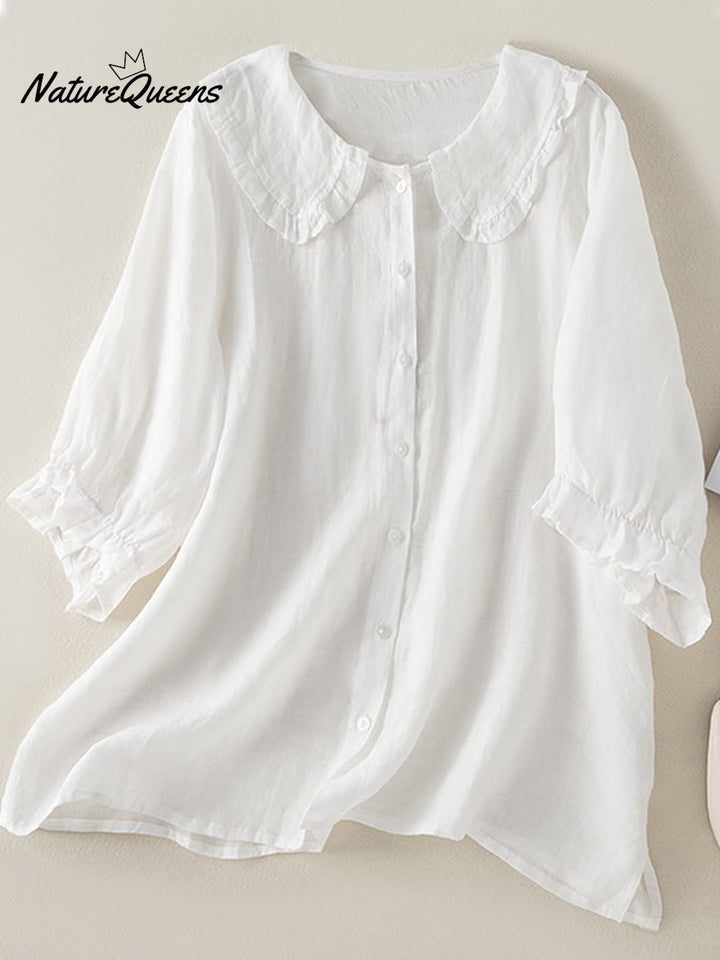 Cotton Linen Loose Peter Pan Ruffles Neck Shirt