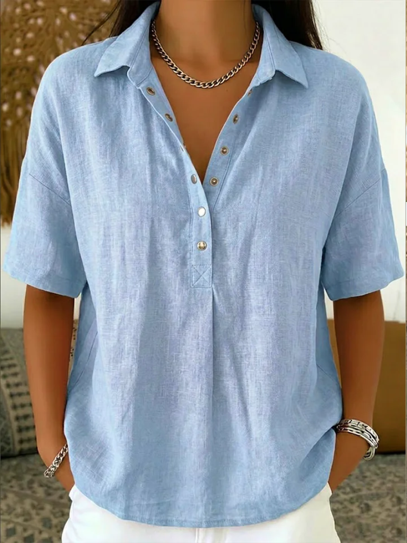 Snap-Button Casual Linen Blouse