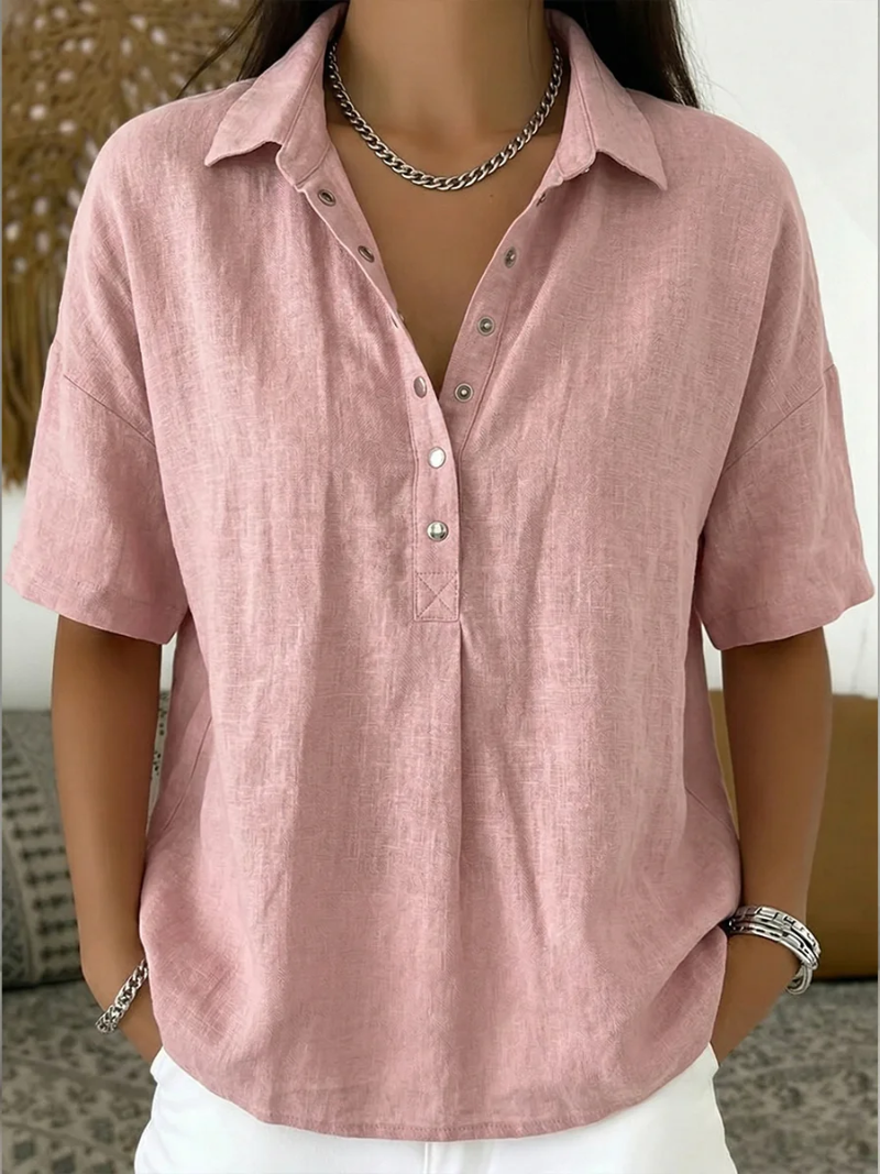 Snap-Button Casual Linen Blouse