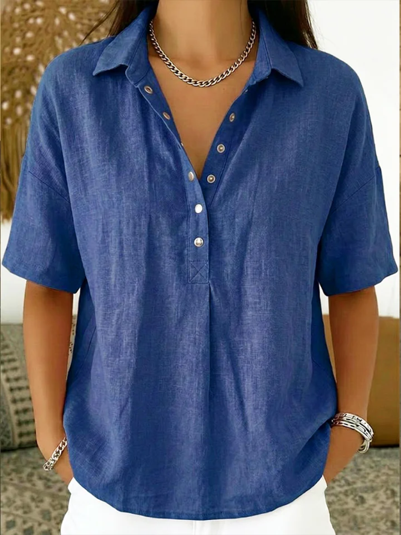 Snap-Button Casual Linen Blouse