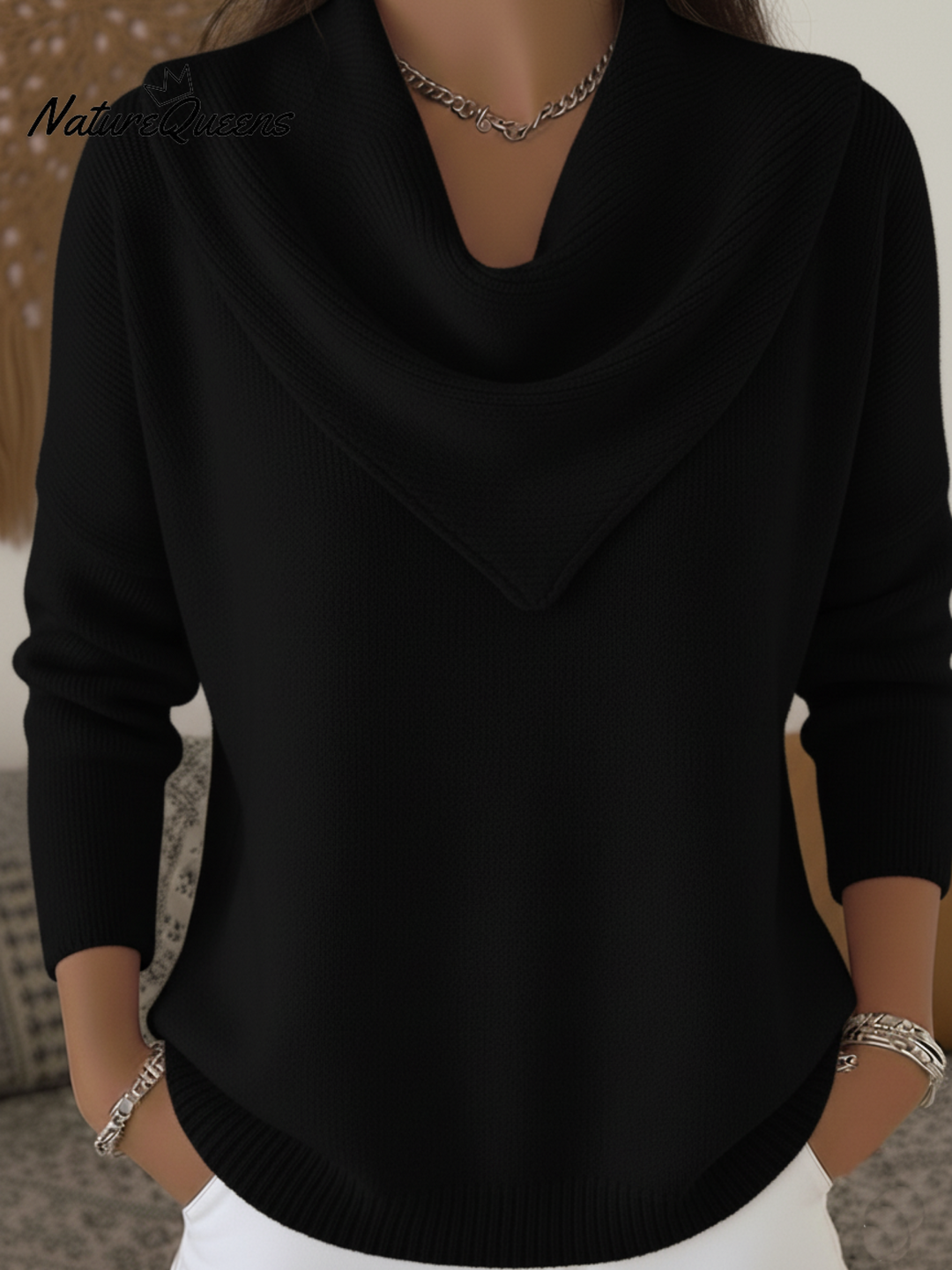Elegant Retro Soft Triangle Neck Solid Color Sweater Top