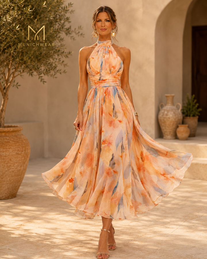 AURORA | DRESS WITH HALTER NECK AND WATERCOLOR PRINT