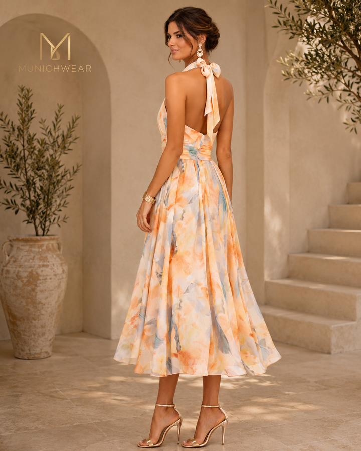 AURORA | DRESS WITH HALTER NECK AND WATERCOLOR PRINT