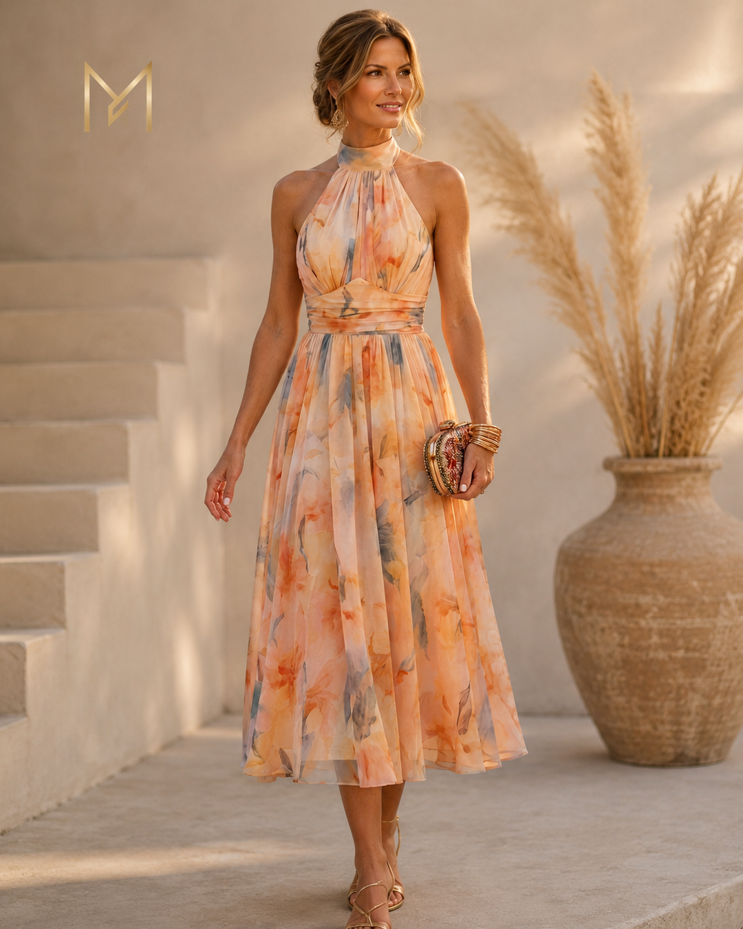 AURORA | DRESS WITH HALTER NECK AND WATERCOLOR PRINT