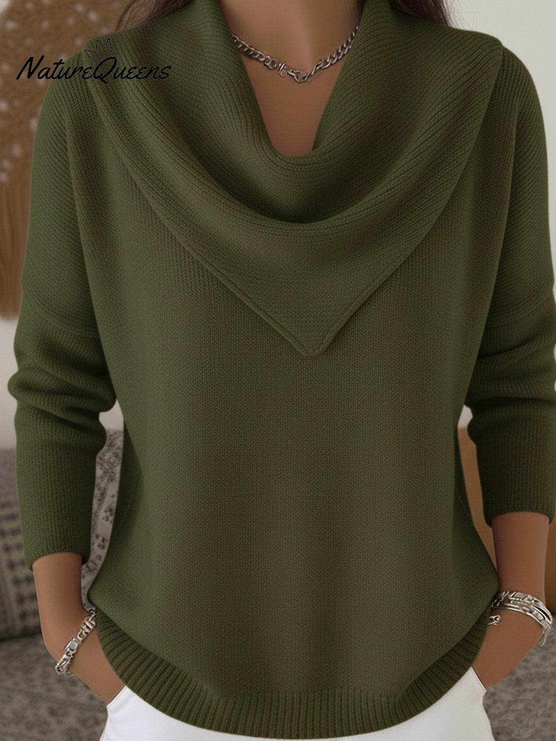 Elegant Retro Soft Triangle Neck Solid Color Sweater Top