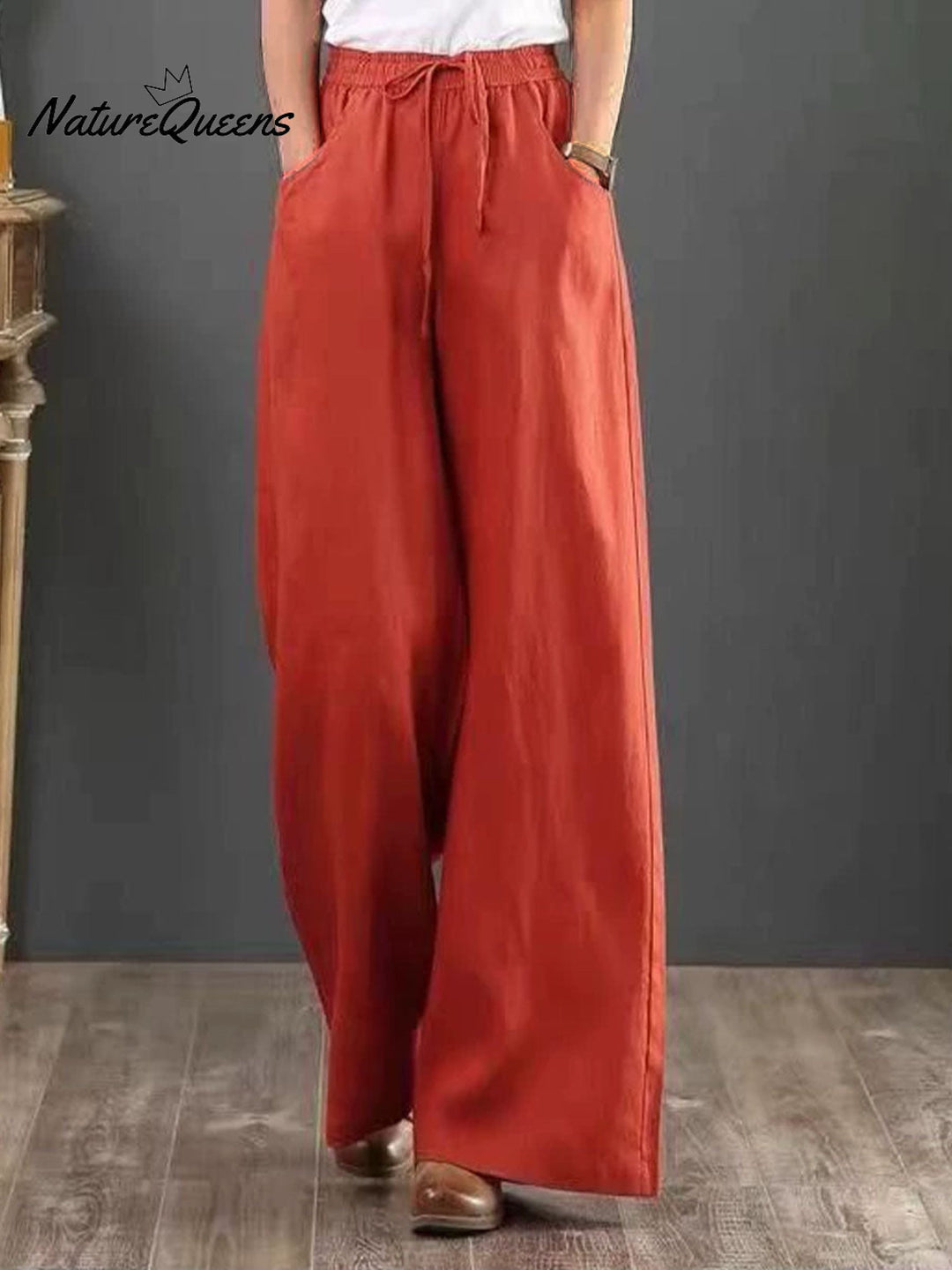 Women Solid Color Elastic Waist Pockets Casual Linen Wide Leg Pants