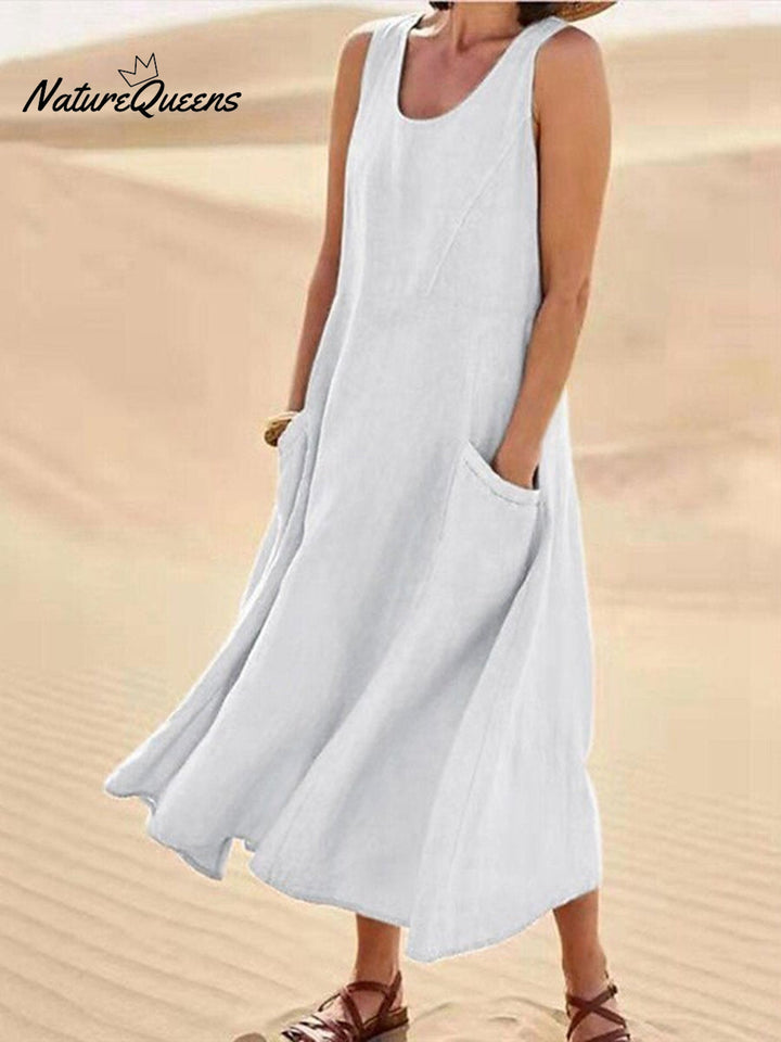 Women Sleeveless Sundress Elegant Round Neck Cotton Linen Solid Long Tank Casual Summer Dress