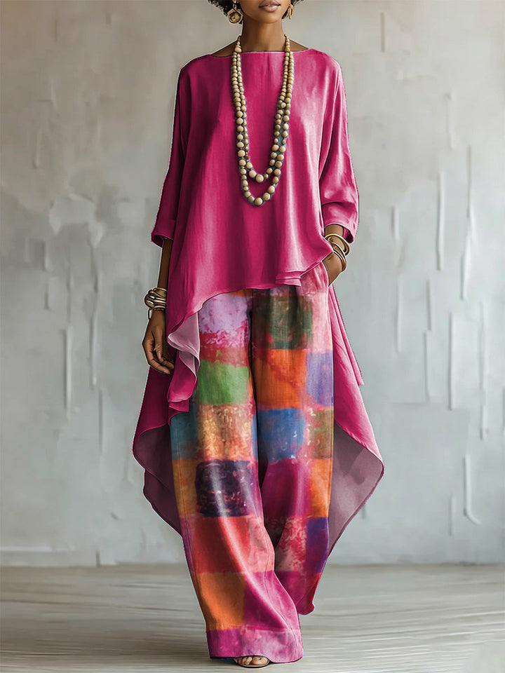Elegant Artistic Color-block Plaid Two-piece Set