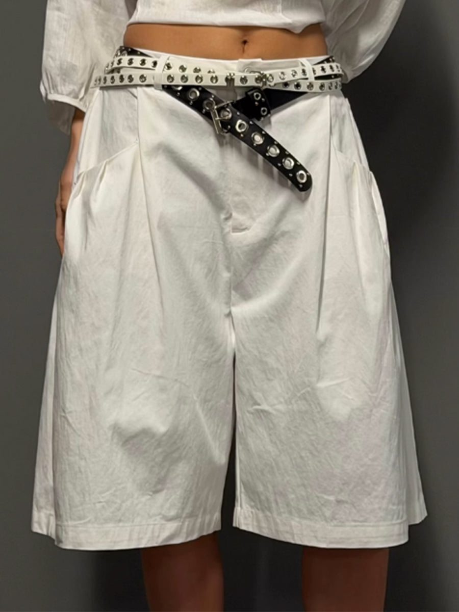 Stylish Casual Two-piece Set: Linen &amp; Cotton Top With 3d Floral Embellishments And Cotton Shorts