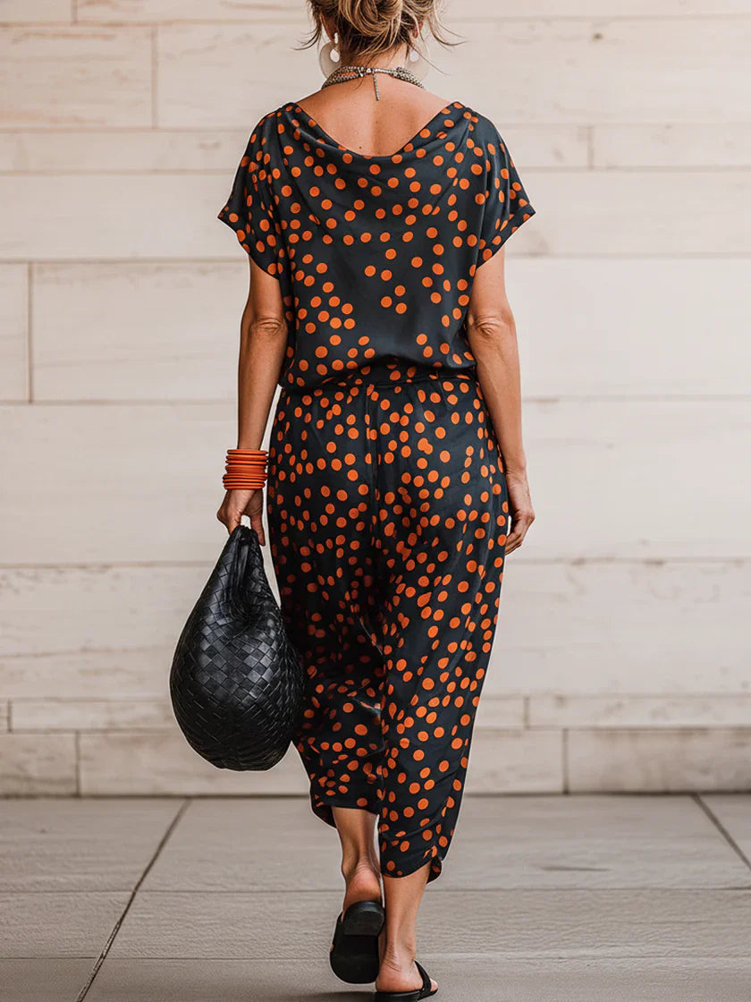 Casual &amp; Cozy Polka-dot Cowl-neck Top And Pants Two-piece Set