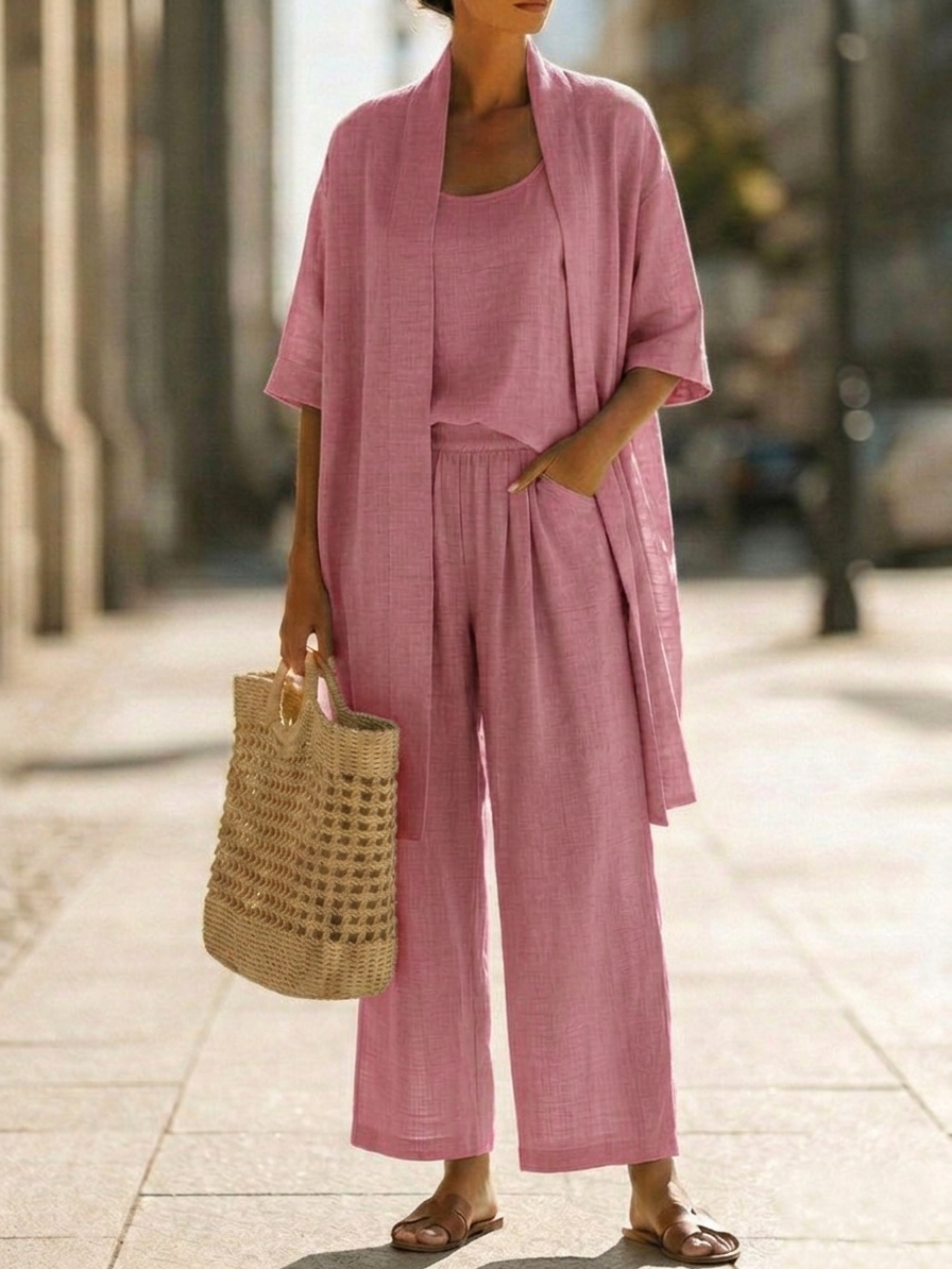 Minimalist Linen-cotton Three-piece Set - Comfortable For Everyday Wear