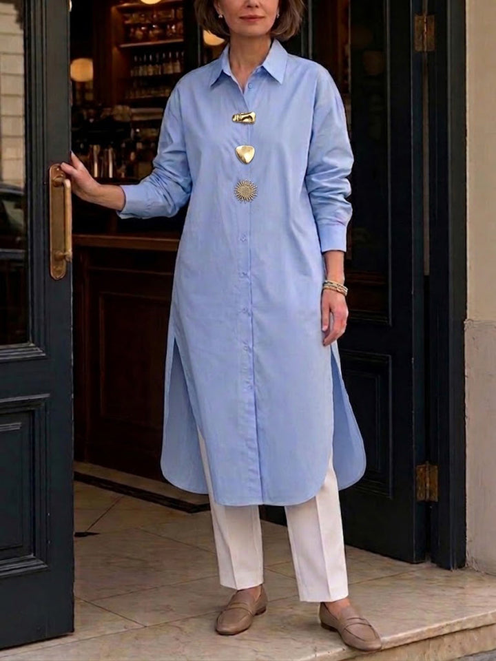 Casual Long-sleeve Cotton Long Shirt With Side Slits