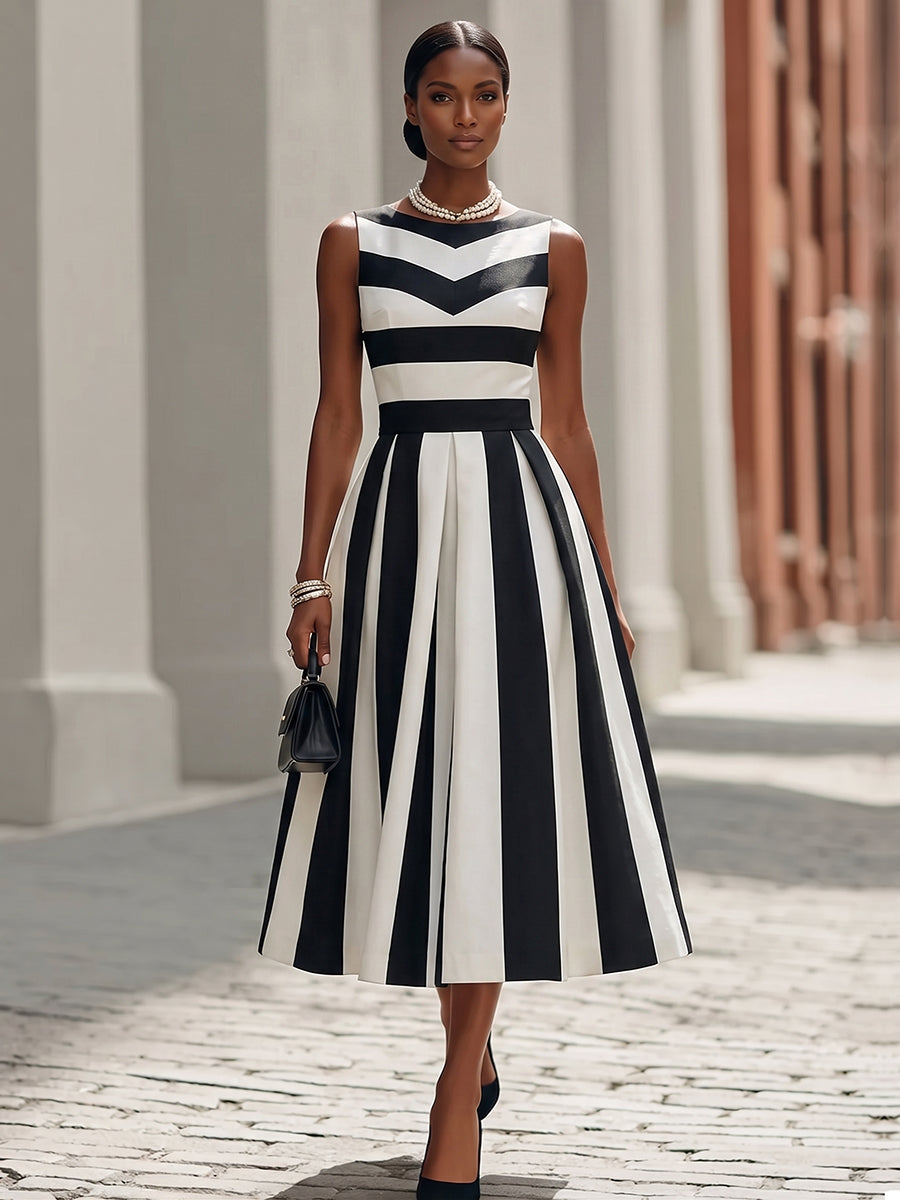 Elegant Vacation Party Artistic Striped Midi Dress