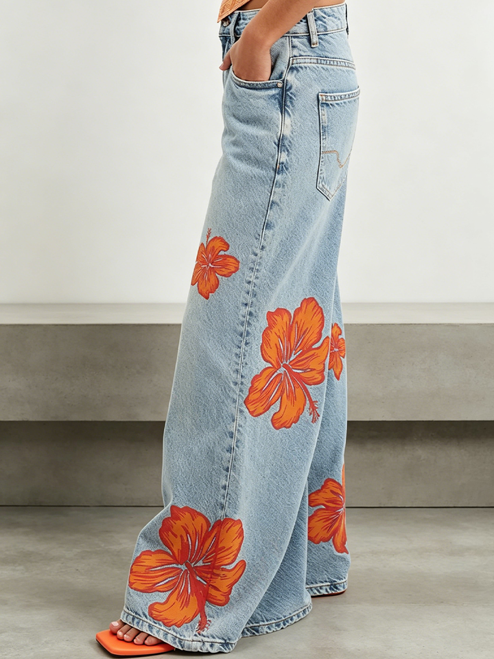 Light-wash Floral-print Wide-leg Jeans