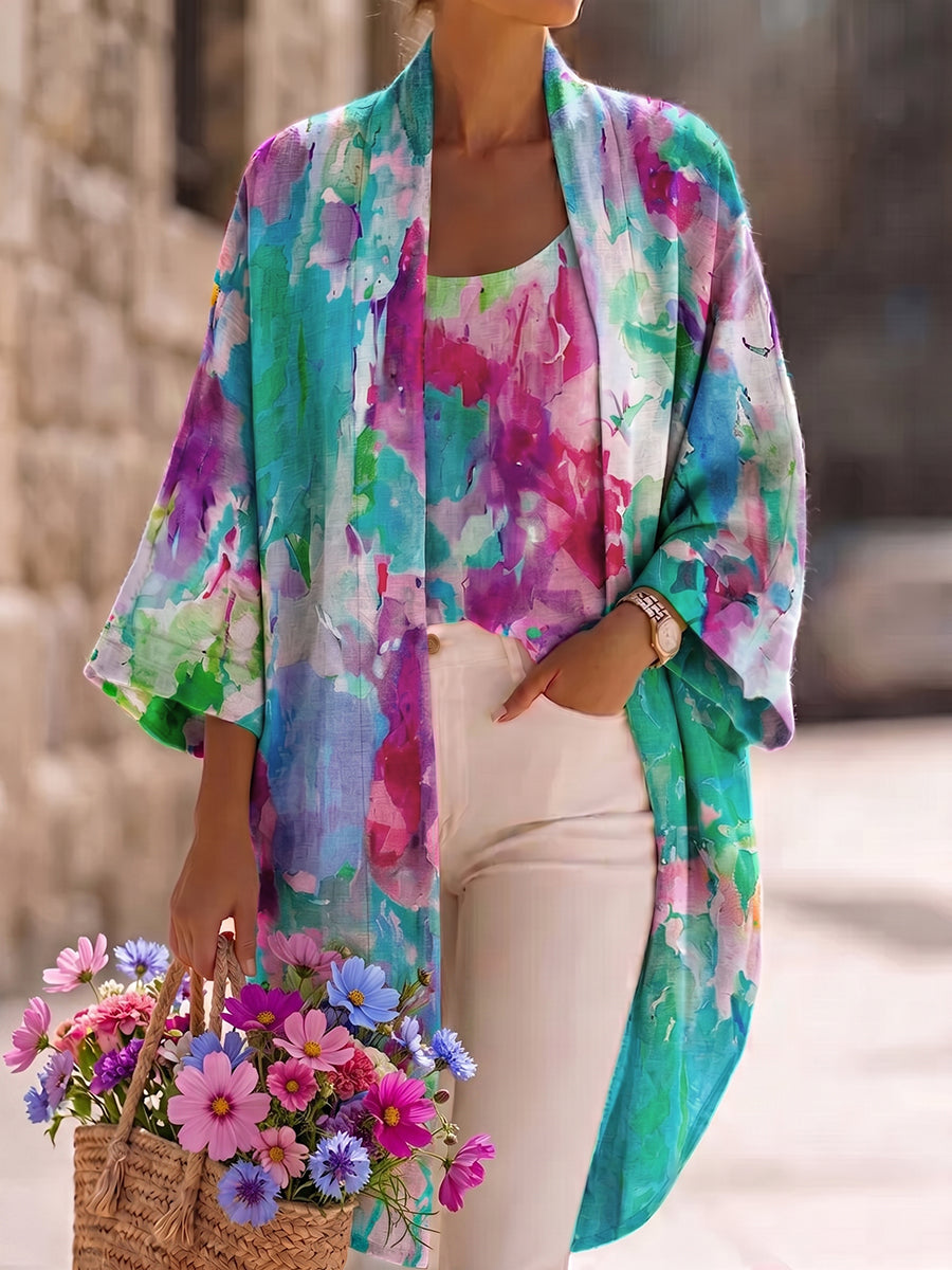 Artistic Watercolor Print Cotton-linen Cardigan &amp; Vest Two-piece Set