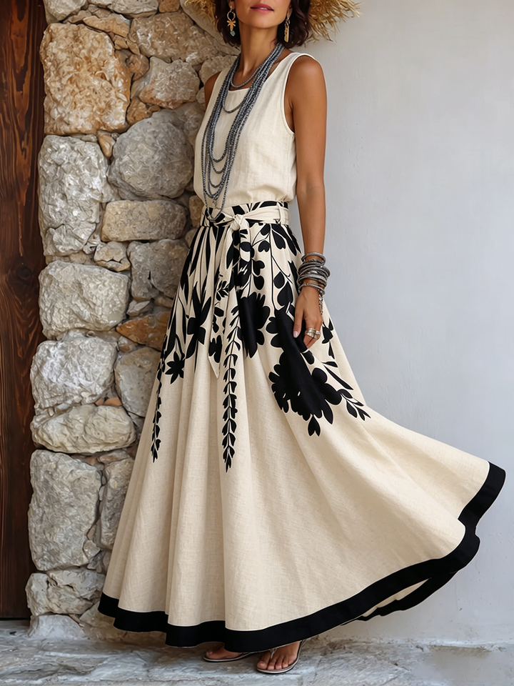 Artistic Floral &amp; Leaf Print Cotton-linen Two-piece Set (skirt &amp; Top)