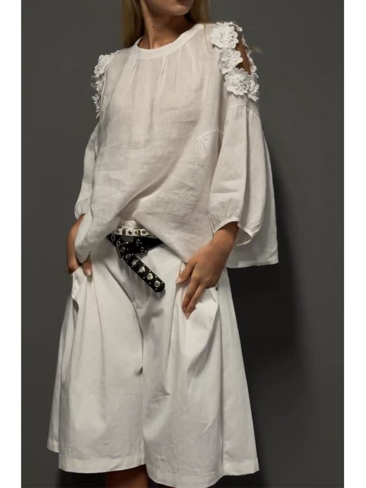 Stylish Casual Two-piece Set: Linen &amp; Cotton Top With 3d Floral Embellishments And Cotton Shorts