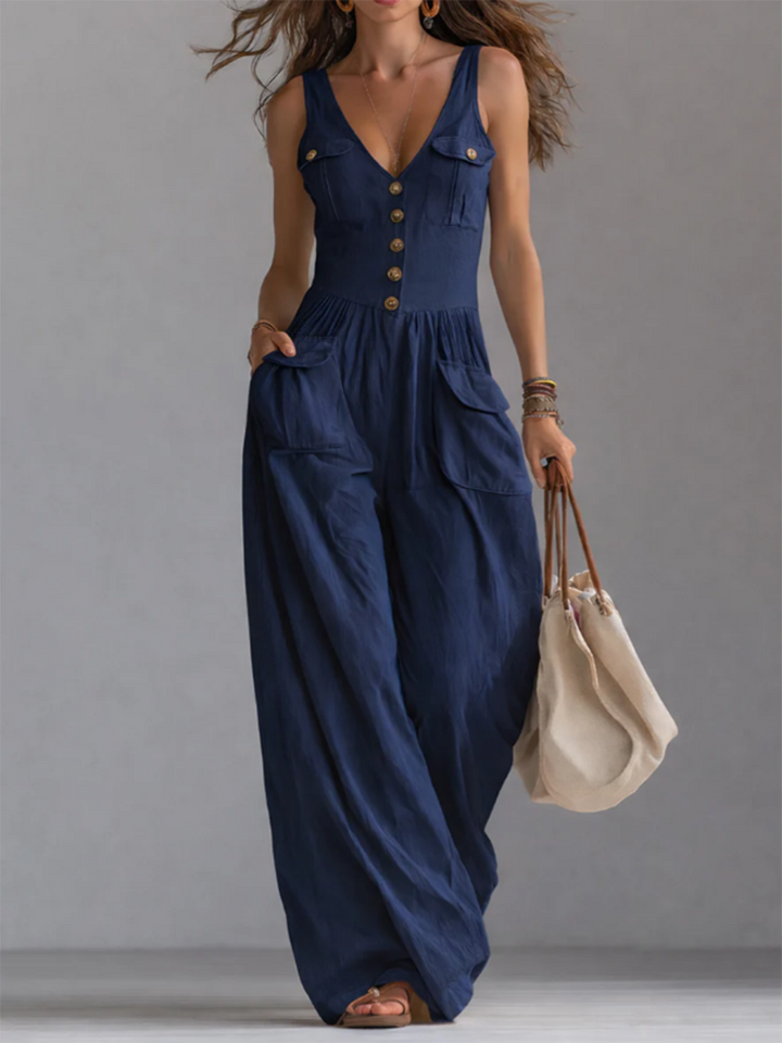 Casual V-neck Button-front Jumpsuit