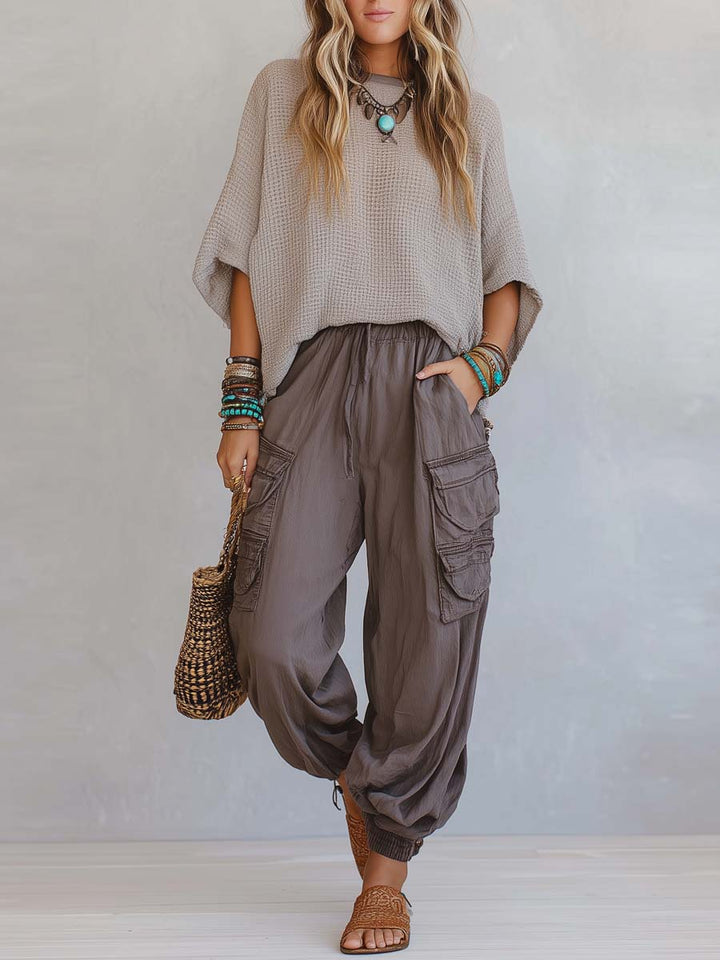 Casual &amp; Cozy Two-piece Set: Waffle-knit Cotton Top And Cotton Cargo Pants