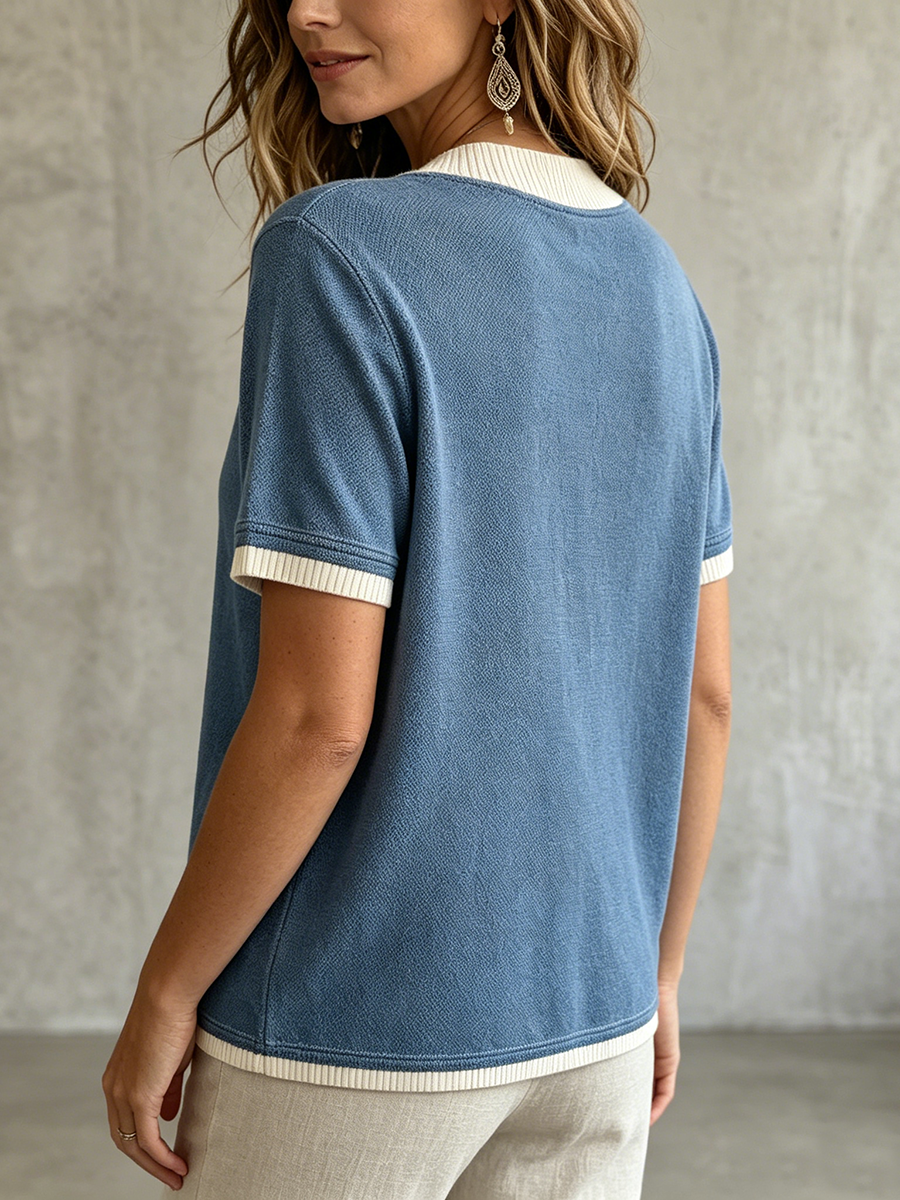 Casual V-neck Cotton Top With Contrast Trim