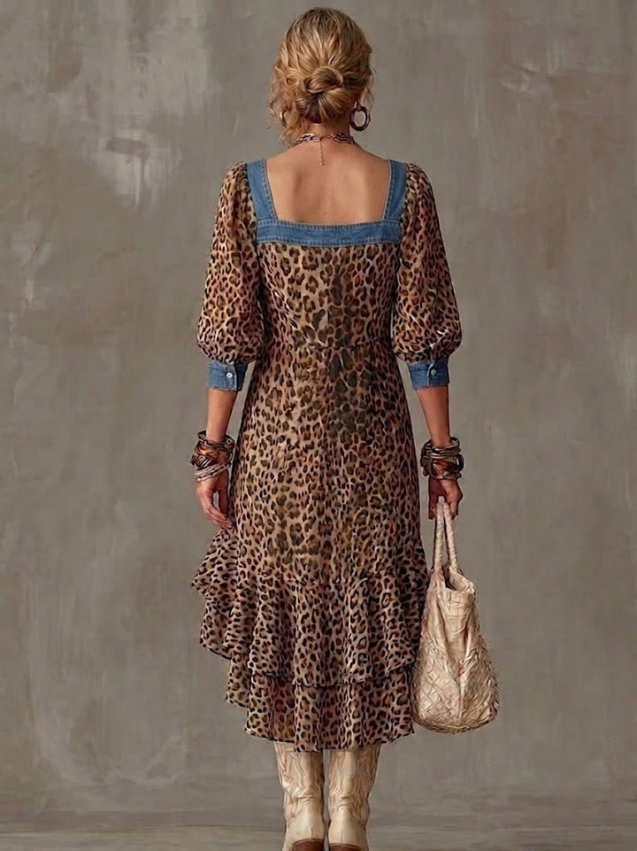 Casual Spliced denim &amp; Leopard-print Chiffon Dress
