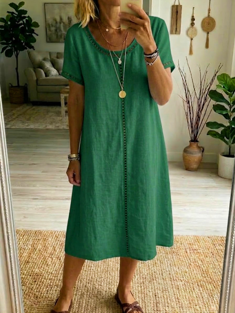 Clara™ | Linen-Cotton Dress with Openwork Embroidery