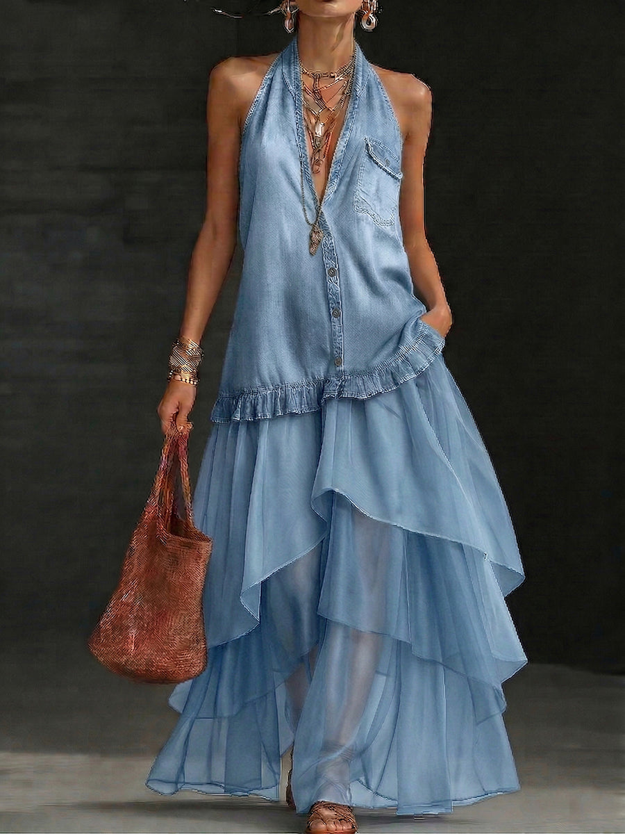 Boho Organza Hem Loose-fit Denim Maxi Dress