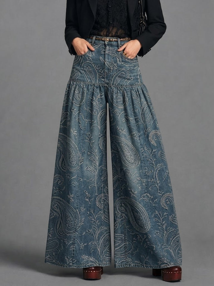 Retro Paisley-print Wide-leg Jeans
