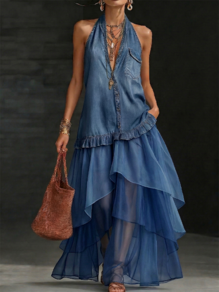 Boho Organza Hem Loose-fit Denim Maxi Dress