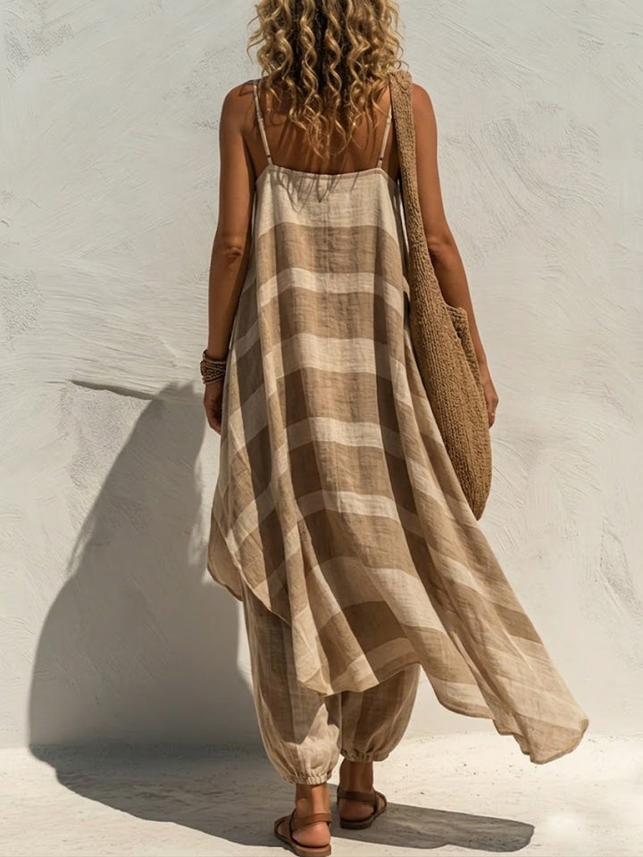 Cozy &amp; Casual Striped Linen-cotton Two-piece Set: Long Spaghetti-strap Top And Lantern Pants