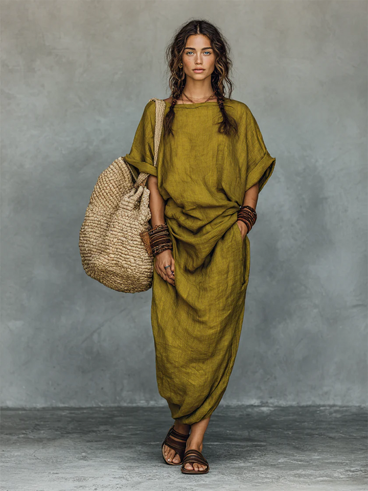 Casual Boat-neck Pleated Cotton-linen Dress