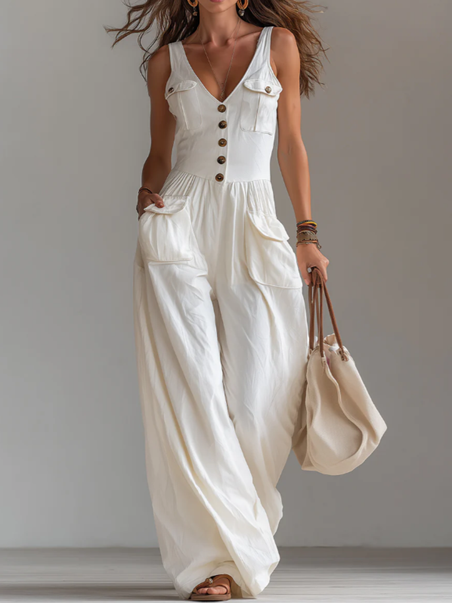 Casual V-neck Button-front Jumpsuit