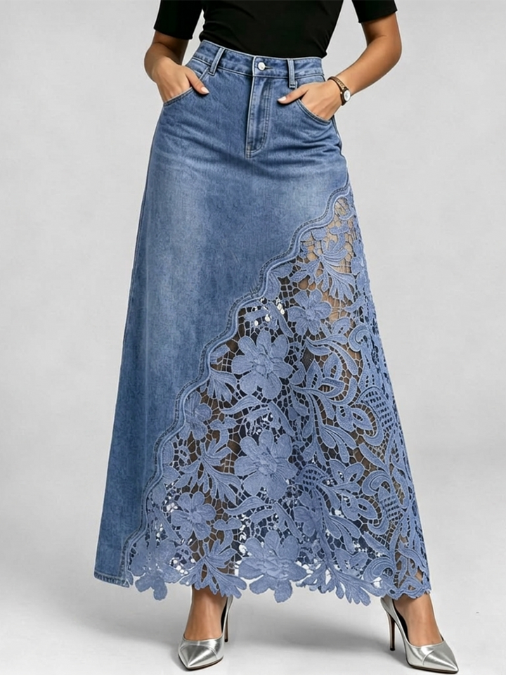 Stylish &amp; Sexy Lace-paneled Cutout Denim Skirtv