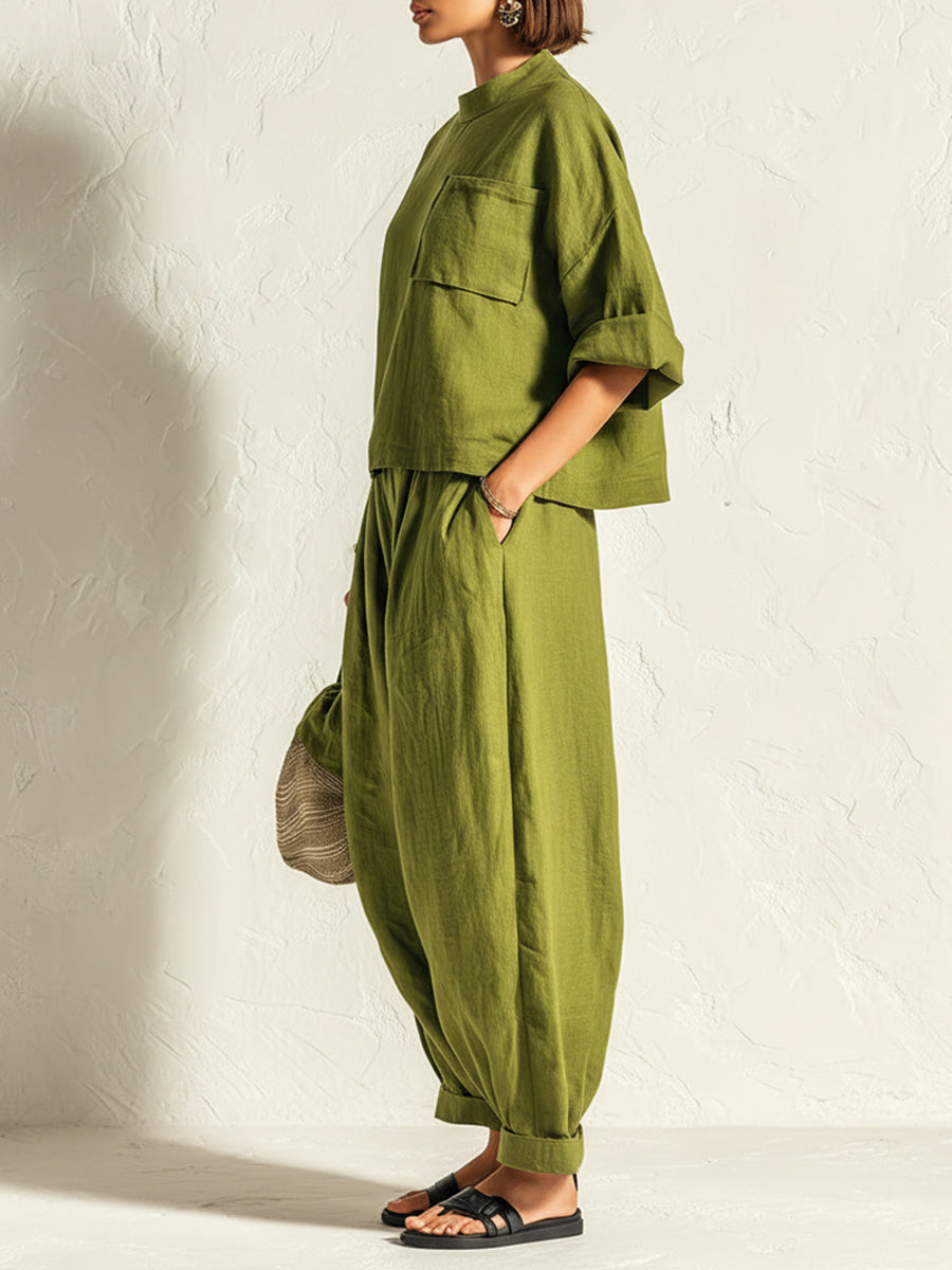 Linen-cotton Drop Shoulder Top &amp; Baggy Pants Set