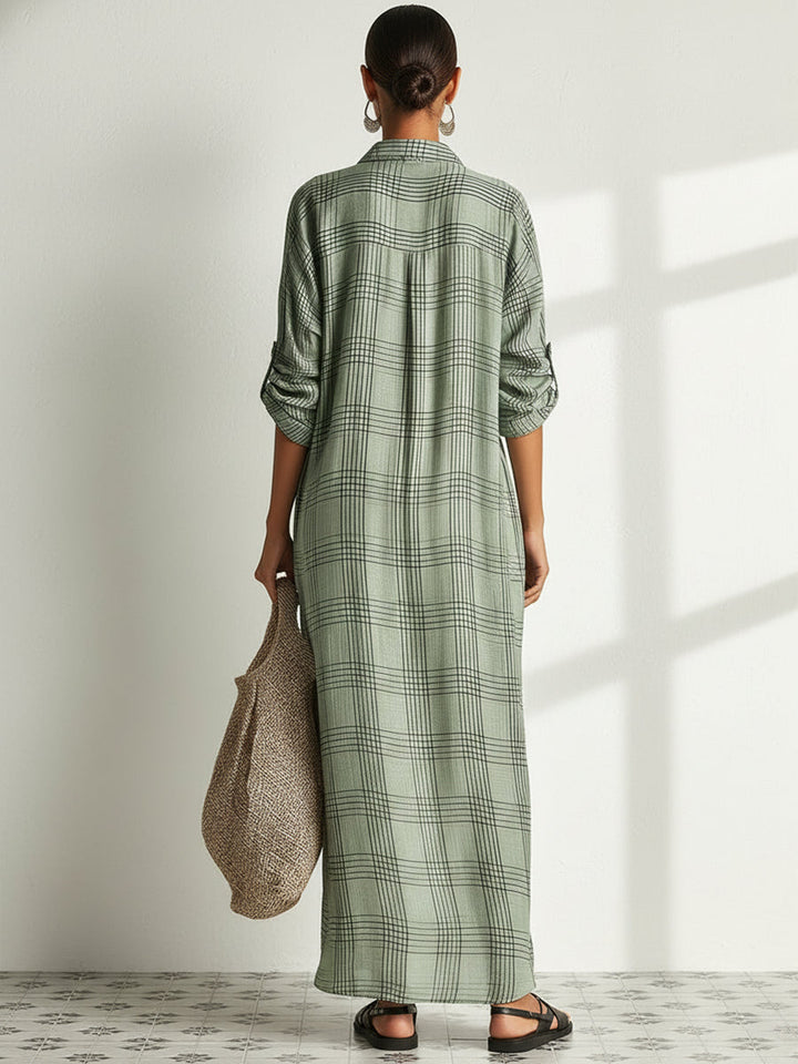 Plaid Pleated Cotton-linen Long Shirt Dress
