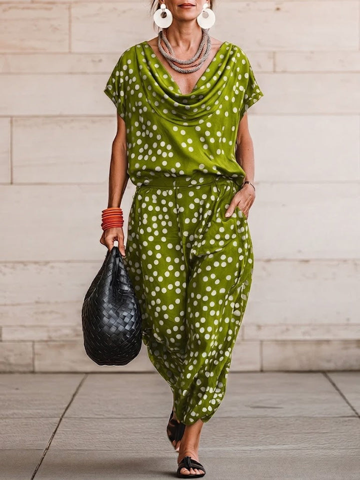 Casual &amp; Cozy Polka-dot Cowl-neck Top And Pants Two-piece Set