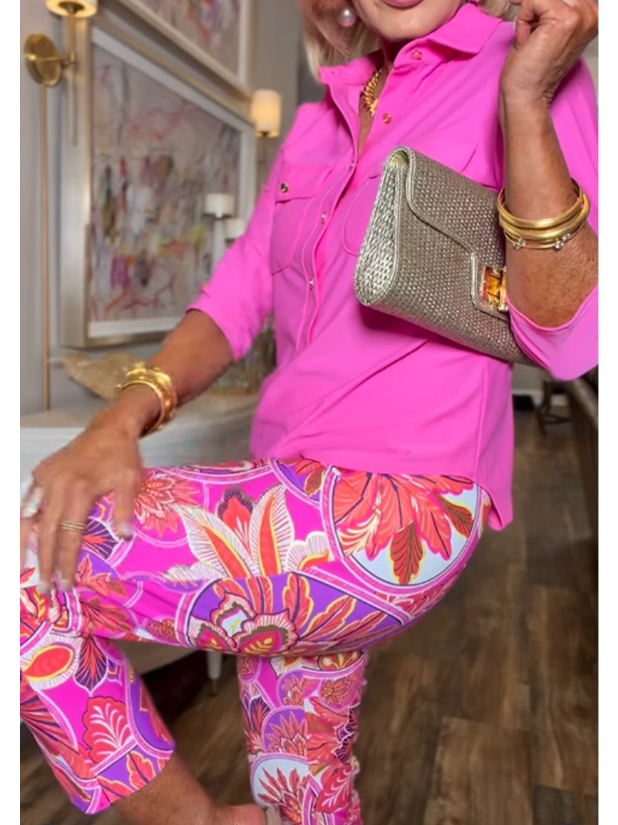Casual &amp; Stylish Solid-color Cotton Shirt And Artistic Print Trousers Two-piece Set