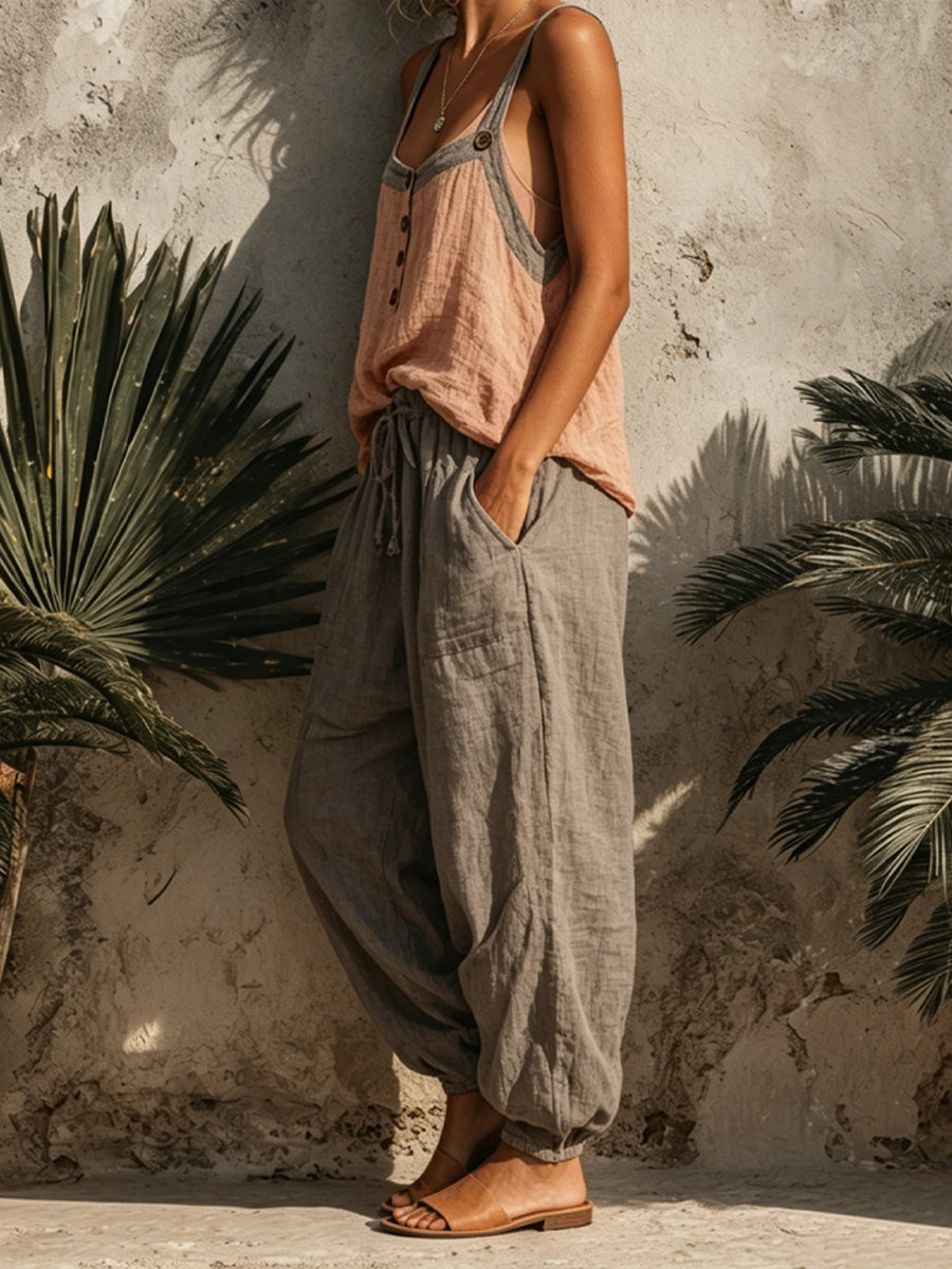 Front-button Camisole &amp; Drawstring Harem Pants Cotton-linen Set