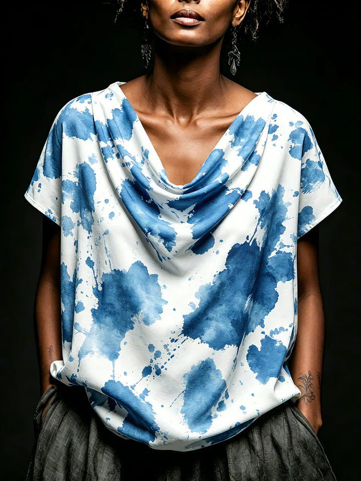 Casual &amp; Cozy Cotton Top With Artistic Print And Cowl Neck