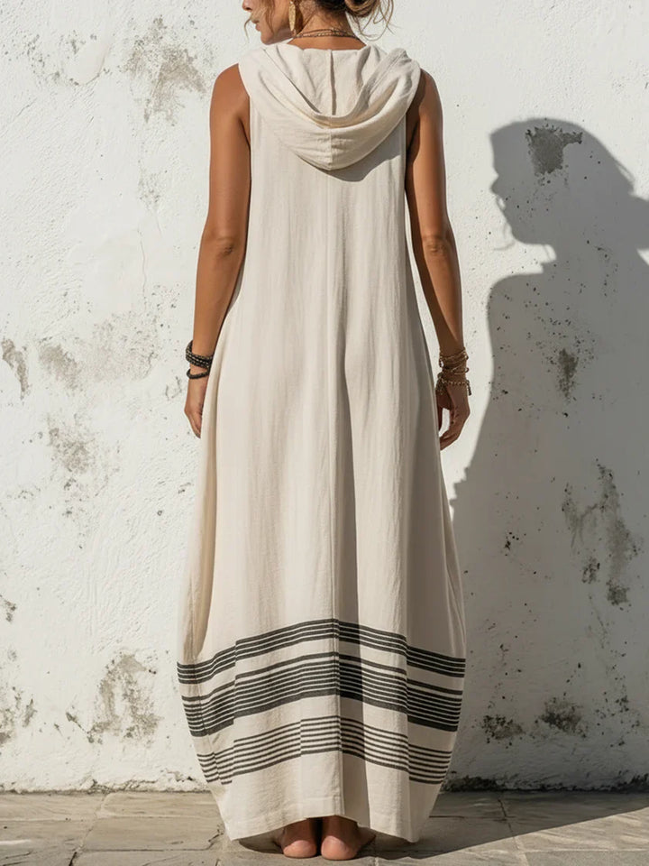 Loose-fit Casual Linen And Cotton Sleeveless Hooded Dress