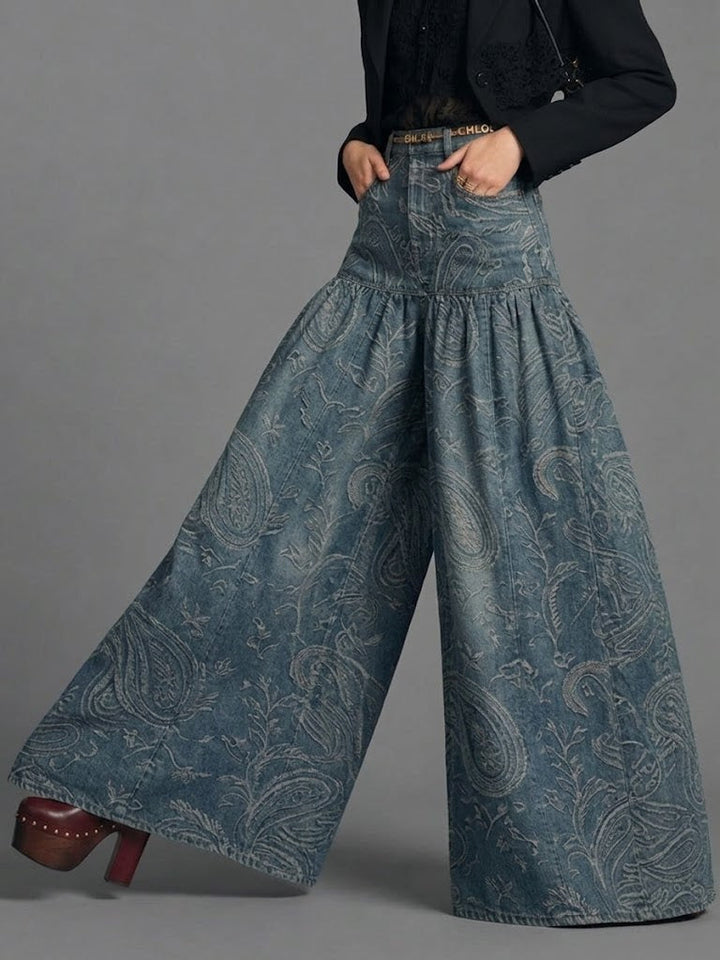 Retro Paisley-print Wide-leg Jeans