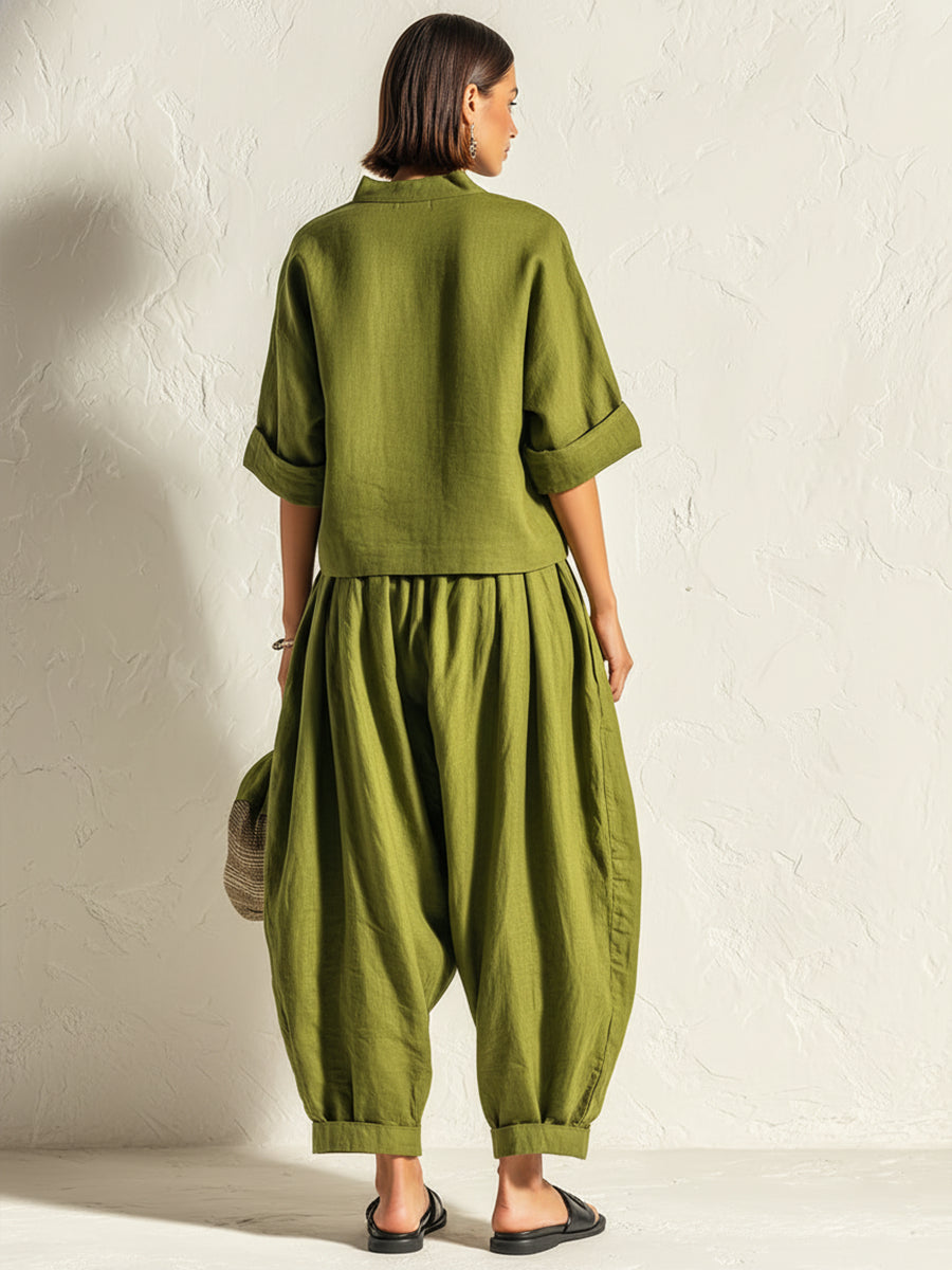 Linen-cotton Drop Shoulder Top &amp; Baggy Pants Set