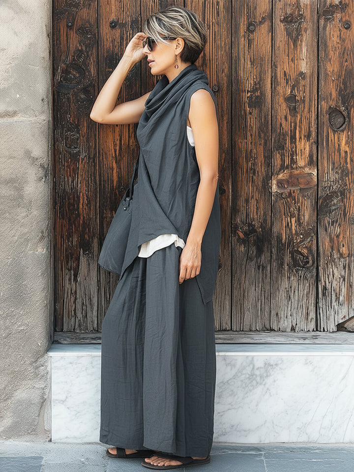 Casual Cowl-neck Linen &amp; Cotton Top And Wide-leg Pants Two-piece Set