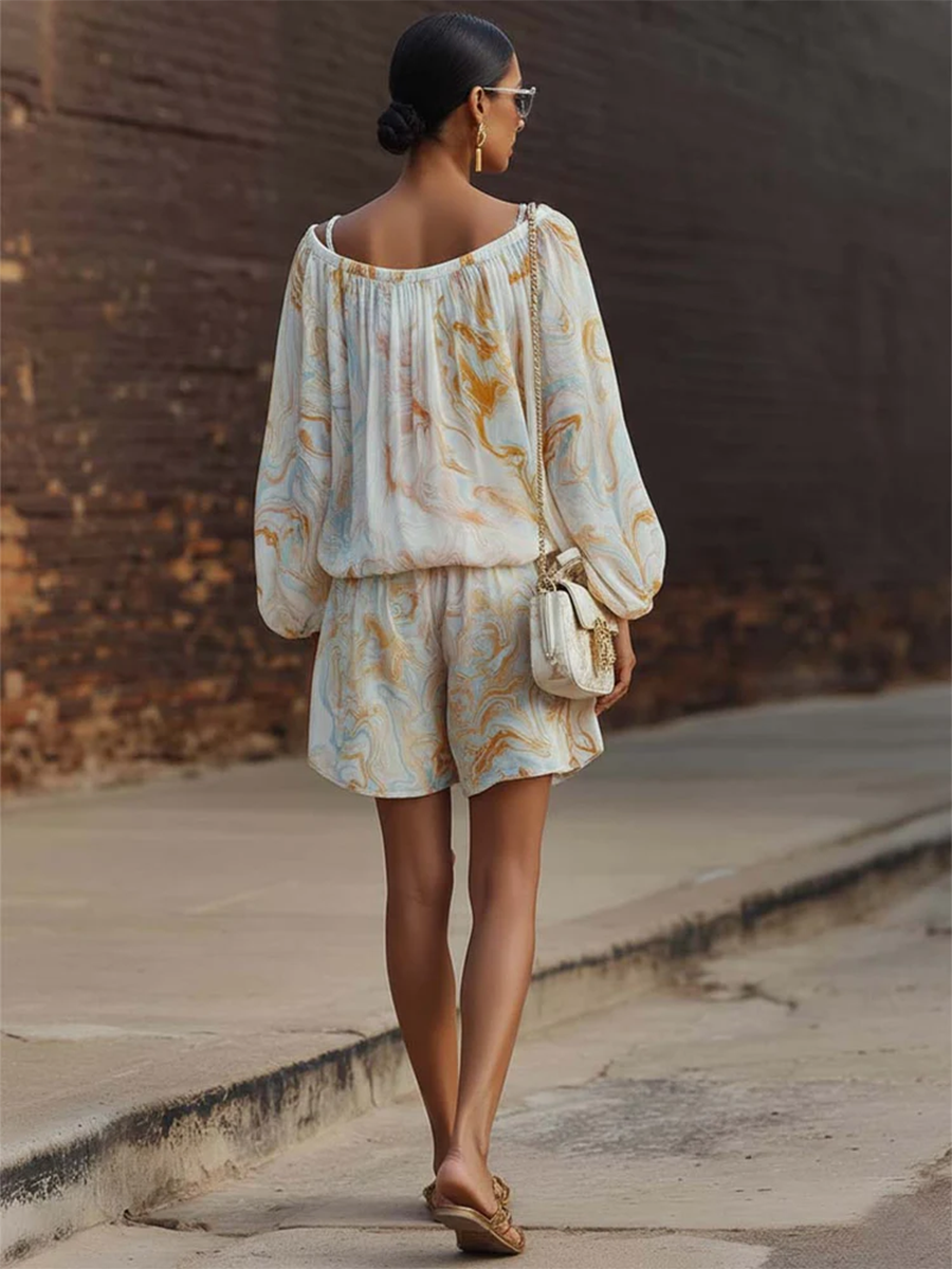 Boho Vintage Print Shirt &amp; Shorts Two-piece Set
