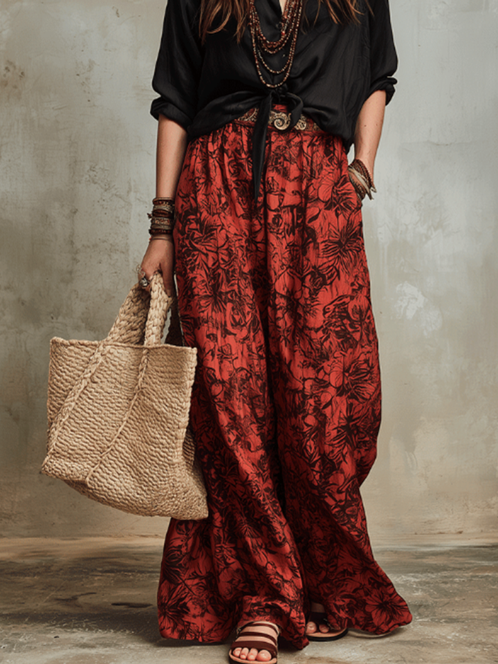 Button-down Shirt + Botanical Print Wide-leg Pants Set