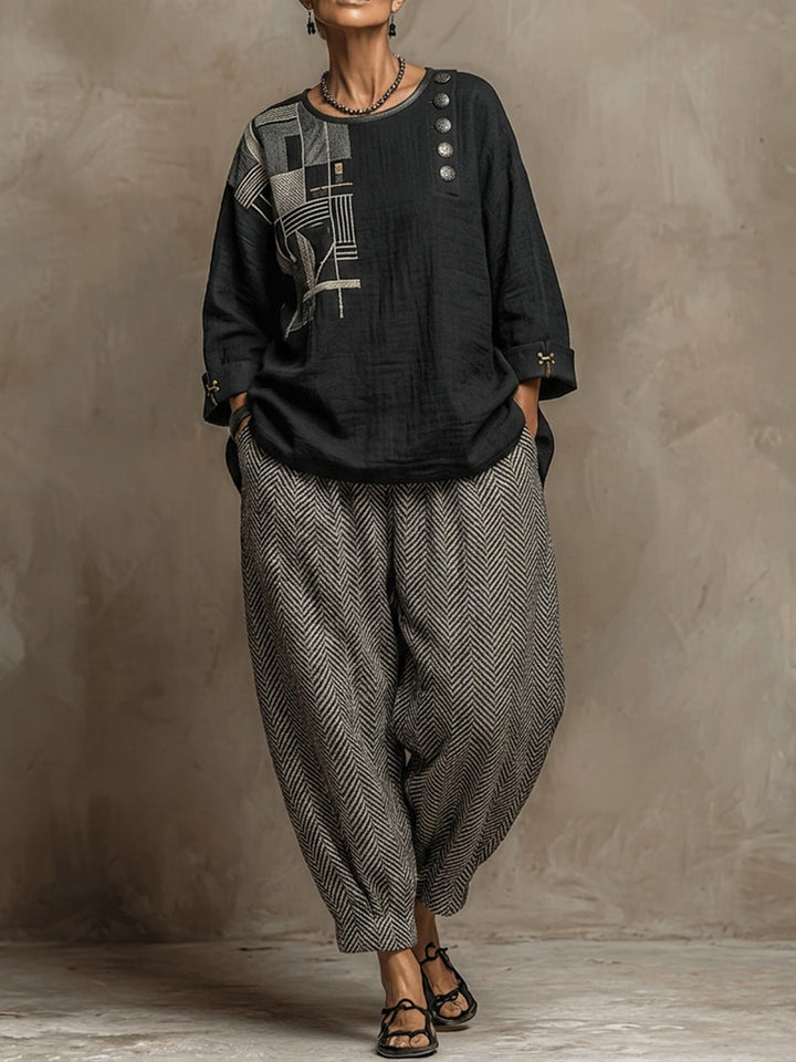 Bohemian Art Print Linen And Cotton Two-piece Top And Pants Set