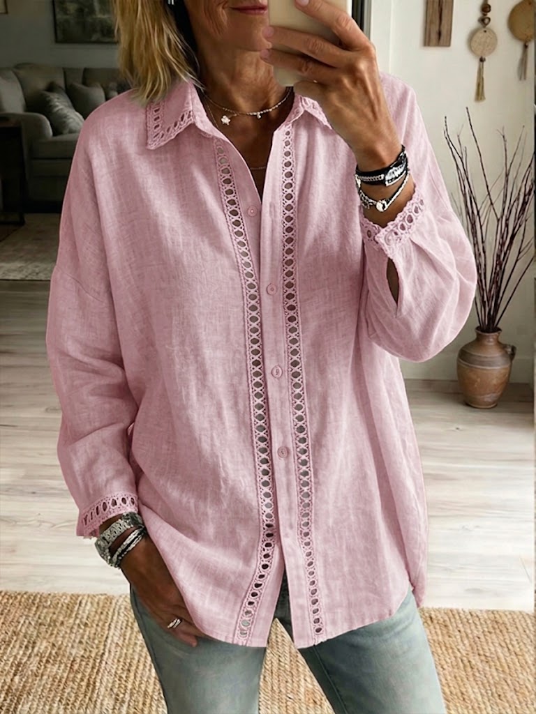 Elena™ | Linen-Cotton Blouse with Elegant Lace Details