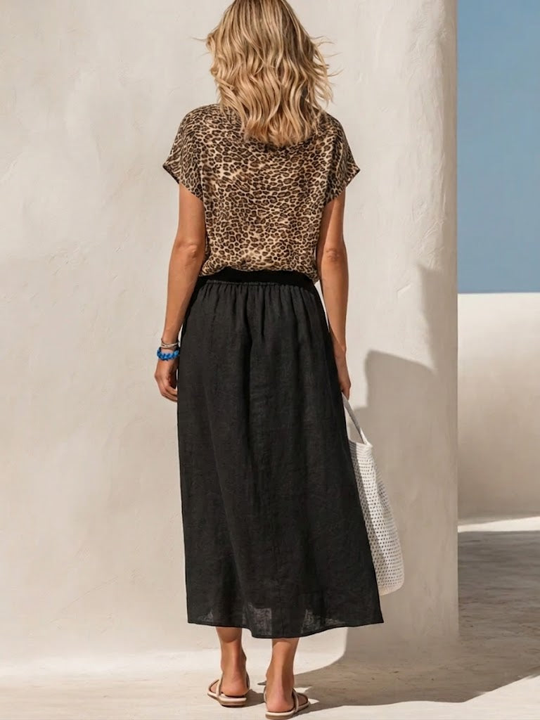Casual &amp; Cozy Leopard Print Cowl-neck Linen-cotton Top And Skirt Two-piece Set