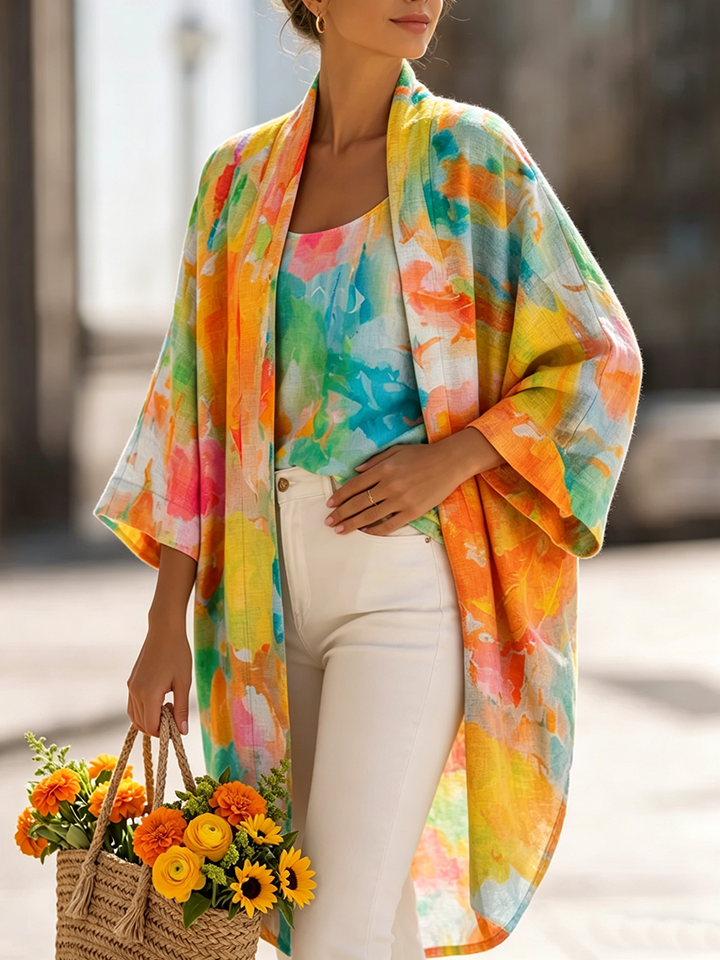 Artistic Watercolor Print Cotton-linen Cardigan &amp; Vest Two-piece Set
