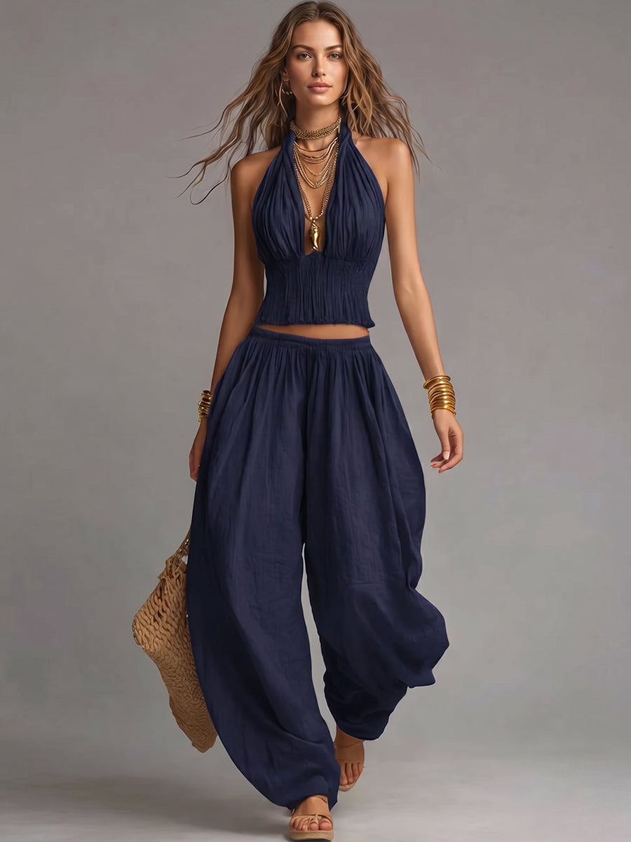 Sexy Boho Halter Top &amp; Wide-leg Pants Two-piece Set